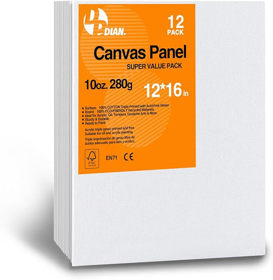 Canvas Boards for Painting 12x16 Inch, 12-Pack Bulk Canvas Value Pack - Art Supplies Blank Paint Canvas Panels for Acrylic, Oil, Watercolor, Tempera, Gouache