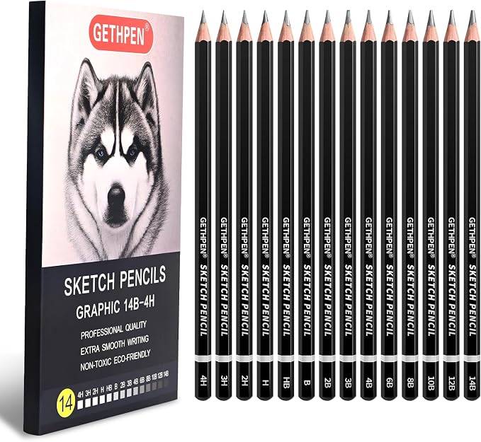 GETHPEN Drawing Sketching Pencil Set, 14 Pieces Graphite Pencils(14B - 4H) | 14Pcs Graphite Drawing Pencil Set, 14B to 4H Hardness, Sketch Shading Supplies for Beginners and Professional Artists
