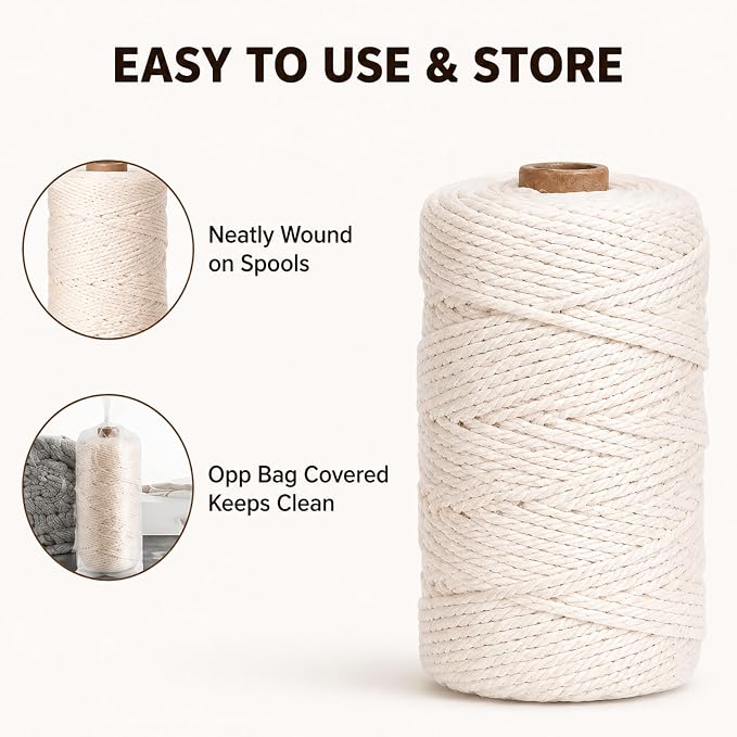 Natural Cotton Macrame Rope - 3mm x 109Yards (328Feet), 4 Strands Twisted Cotton Cord for Wall Hanging, Plant Hangers, Crafts, Gift Wrapping and Wedding Decorations, Beige