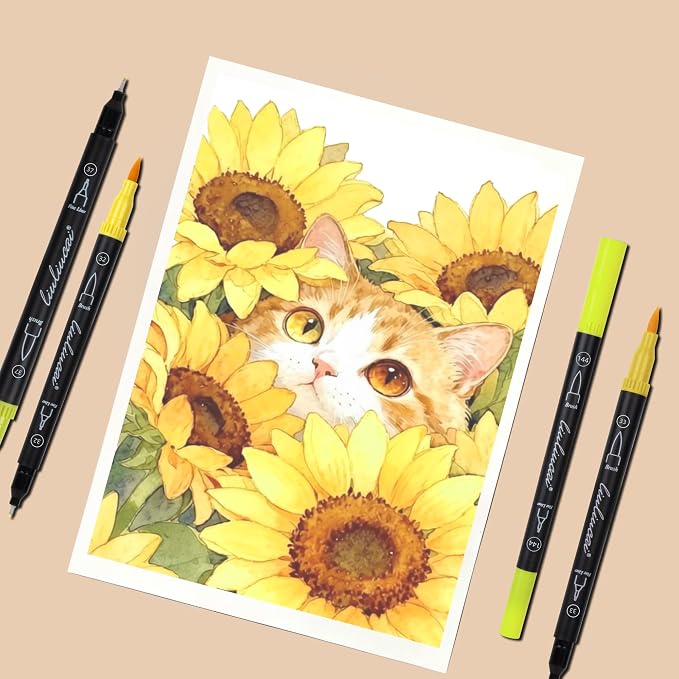 LIULIUCAI 10 Yellow Dual Markers, Fine & Brush Tip Pen for Adult Coloring
