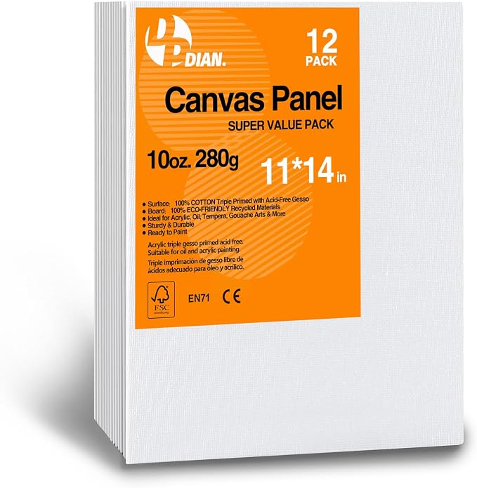 Canvas Boards for Painting 11x14 Inch, 12-Pack Bulk Canvas Value Pack - Art Supplies Blank Paint Canvas Panels for Acrylic, Oil, Watercolor, Tempera, Gouache