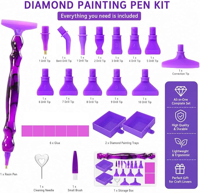 ZYNYXY 25PCS Ergonomic Diamond Art Pens Kits, Resin Diamond Painting Pen with Multifunctional Plastic Screw Thread Tips for 5D Diamond Painting (Black Stripe Purple)
