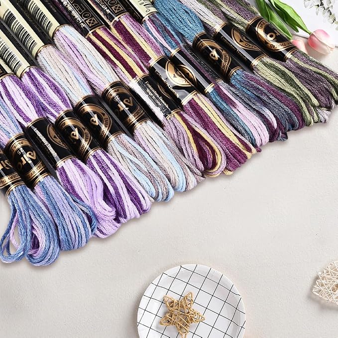 12 Skeins 105 Yards Purple Embroidery Thread Variegated Cross Stitch Floss Bulk 6 Ply Polyester Yarn Colorful Friendship Bracelet String for Sewing Making Needlecraft Knitting Stitching DIY
