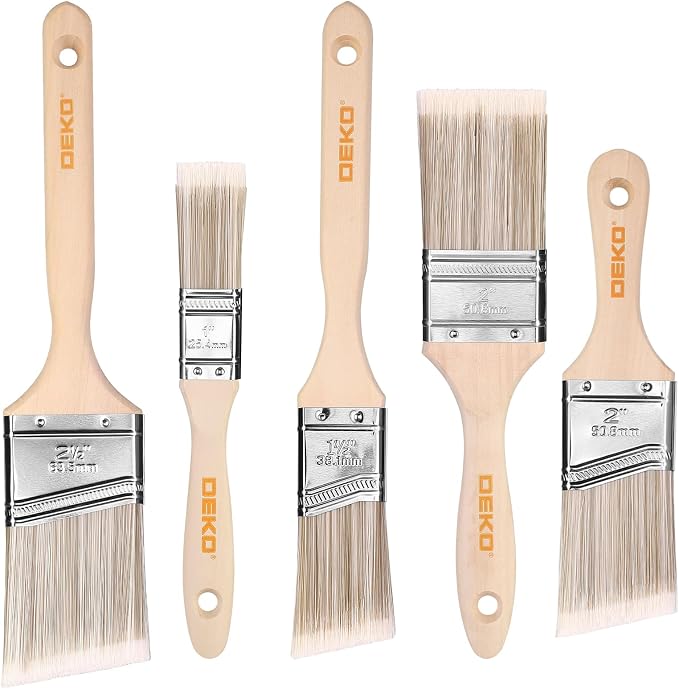 DEKOPRO Paint Brushes, 5-Piece Paint Brush Set with Wood Handle, Flat & Angle Paint Brushes for Walls, Trim, Cabinets & Detail Work, Interior & Exterior, Furniture, Latex and Oil Paints, Stains