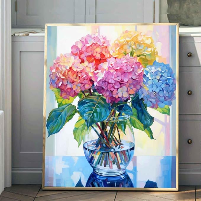 Ausanrl Flowers Framed Paint by Numbers Wooden Easel-Adult Paint by Number Kits on Canvas Framed,Paint by Number Adult,Hydrangea Paint by Numbers with Frame,Gifts and Home Wall Decor 12x16inch