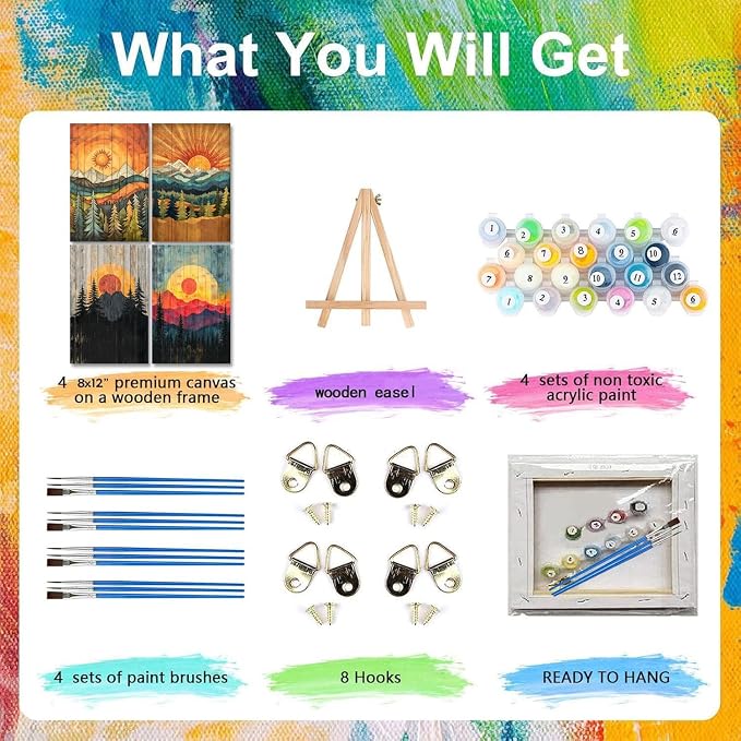 4 Pack Framed Paint by Numbers Kit for Adults with Wooden Easel - Sunset Landscape Paint by Numbers with Frame for Beginners, Adult Paint by Number Kits Framed Canvas for Home Decor Gift 8x12 Inch