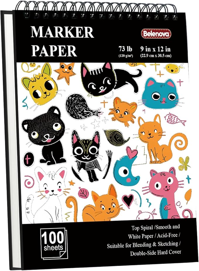 Belenova 9" x 12" Marker Paper Pad, 100 Sheets leedproof Drawing Paper for Markers - 73lb/120gsm Art Supplies for Drawing & Coloring.