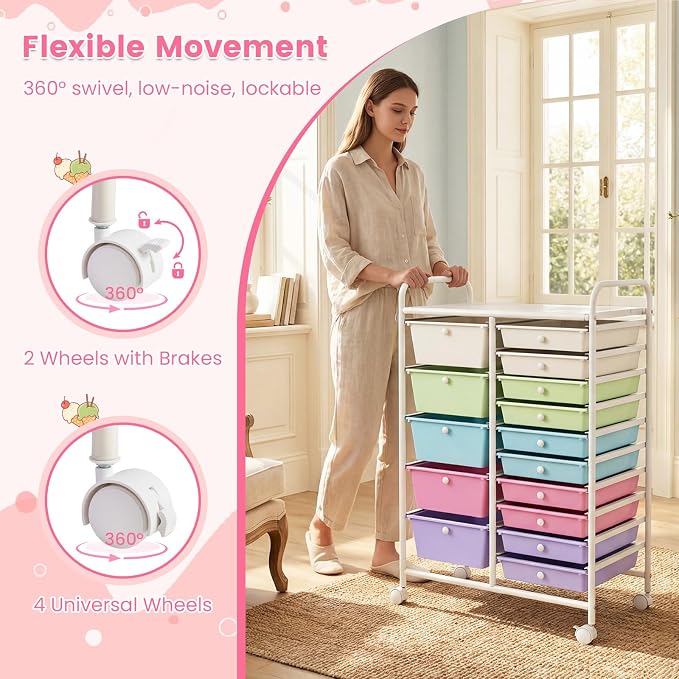 LDAILY 15 Drawer Rolling Storage Cart, Rolling Cart with Drawers for Classroom, Art Supply Craft Organizer on Wheel with Metal Frame & Handles for Home Office School (Ice cream color, 15 Drawer)