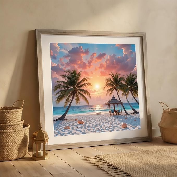 5D Beach Sunset Diamond Art kits for Adults Beginners 13.8x13.8inch | Coastal Ocean Palm Trees Diamond Painting Kit, DIY Full Round Drill Paint by Diamonds Dot Gem Art for Adult, Home Wall Decor