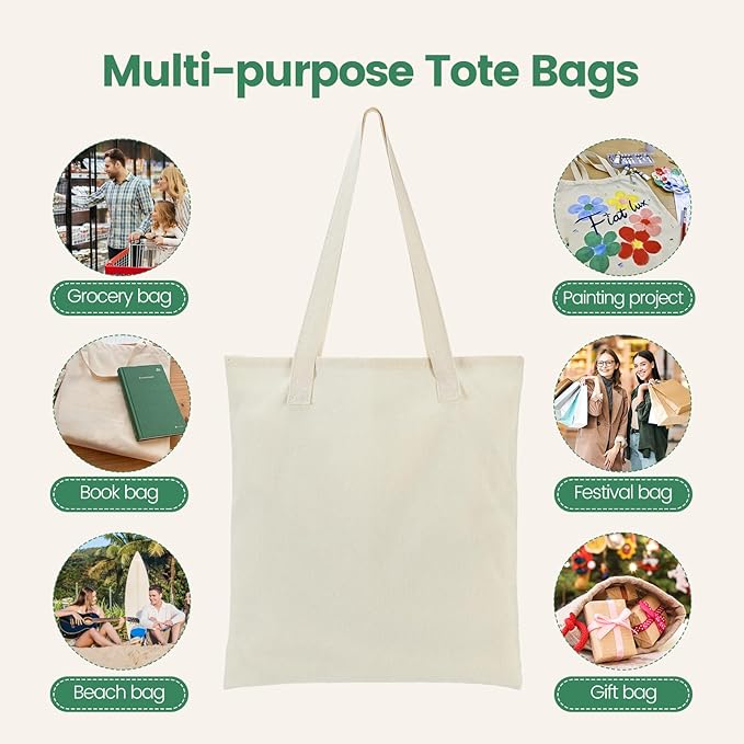 Carbrea 24 Pack Thin Canvas Tote Bags Bulk, Reusable Grocery Bags - Beige | Lightweight, 5oz Natural Canvas, Reinforced Stitches, Blank Design, Ideal for Shopping DIY Sublimation Activity Gift
