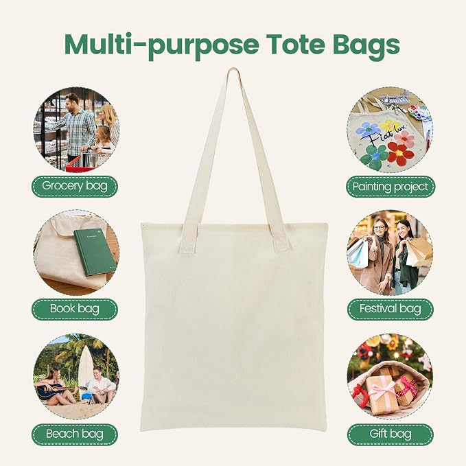 Carbrea 12 Pack Thin Canvas Tote Bags Bulk, Reusable Grocery Bags - Beige | Lightweight, 5oz Natural Canvas, Reinforced Stitches, Blank Design, Ideal for Shopping DIY Sublimation Activity Gift