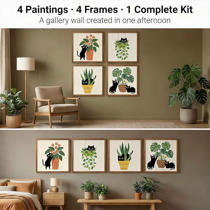 Amphol Framed Paint by Numbers Kit for Adults - 10x10 Inch Easy 4 Pack Potted Cat Framed Canvas Paint by Number for Beginners, DIY Acrylic Oil Painting Kits with Frame for Home Wall Decor Gift