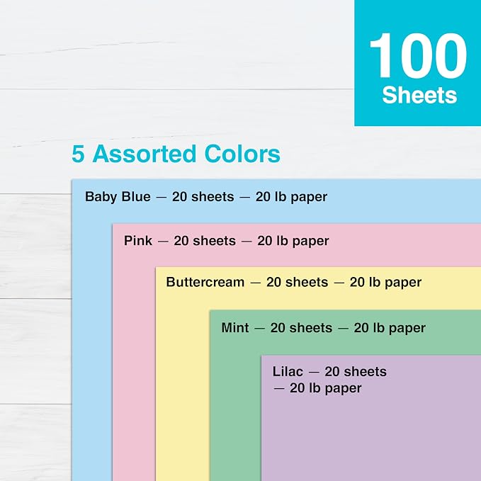 PrintWorks Pastel Paper 8.5" x 11" - 100 Sheets - 5 Assorted Pastel Colors - 30% Recycled Colored Paper - Ideal for School & Craft Projects - Made in the USA - SFI® Certified - 20 lb/75 gsm (00577)