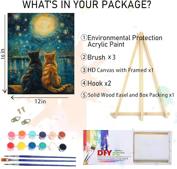 Cat Paint by Numbers for Adults with Easel, Framed Painting by Numbers kit on Canvas for Beginners, Starry Night Oil Painting Set Craft Supplies, 3 Paintbrushes and Acrylic Paint 12x16 Inch