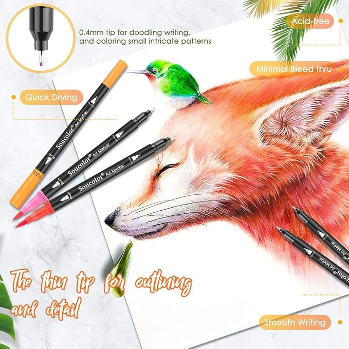 Soucolor 24 Dual Tip Brush Markers,Water-Based Art Pens,for Coloring Books | 24 Vibrant Water-Based Colors,Brush + Fine Tip,Color-Coded,Plastic Case,Lettering,Coloring Books,Kids &Adults.