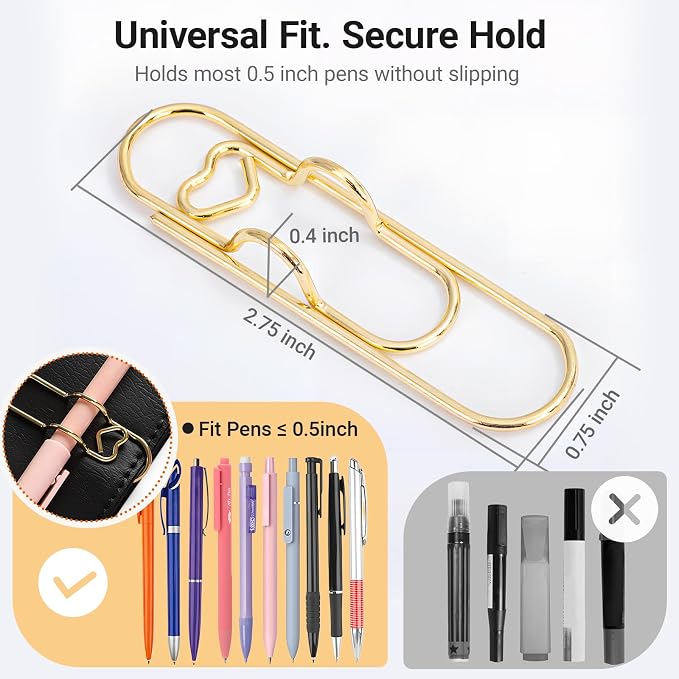 Heart Paper Clip Pen Holder for Notebooks, 9-Pack Metal Pen Clip