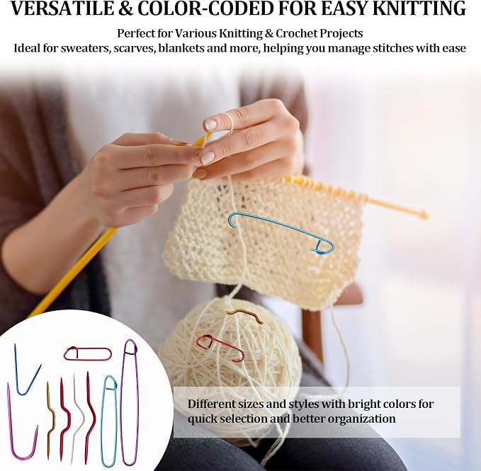 9pcs Knitting Stitch Holders Set, Aluminum Yarn Stitch Holder Needles, Colorful Safety Pin Style Cable Stitch Holders for Knitting, Crochet, Sweaters, Socks, Yarn Sewing DIY Craft Tools