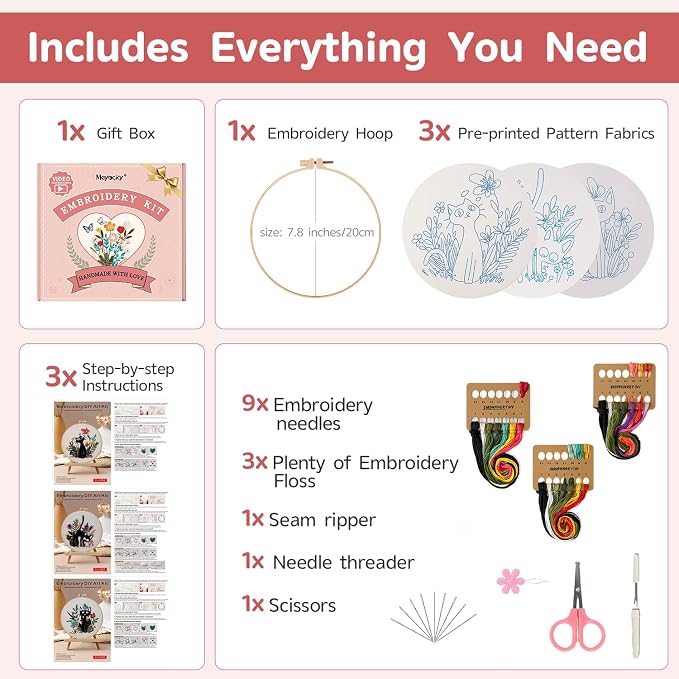 Meyocky Embroidery Kit for Beginners with Cat Flower Patterns& Stitch Video | 3-Piece Hand Embroidery Kits with Pre-Stamped Fabrics Hoop Threads, Step-by-Step Instructions, Relaxing Craft Gift for Women