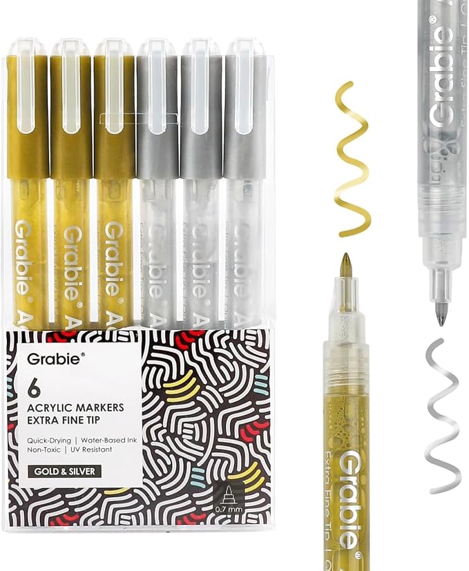 Grabie 0.7 mm Acrylic Paint Markers, Pack of 6 gold & silver Pens