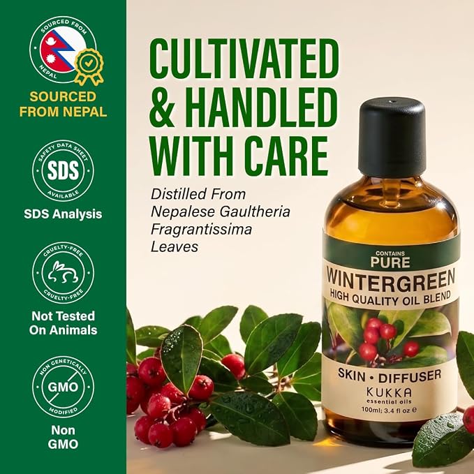 Kukka 100% Pure Wintergreen Essential Oil for Skin, Diffuser, 3.4 Fl Oz | Undiluted Wintergreen Oil for Cooling Massage Blends, Post-Workout Aromatherapy, Diffuser & DIY Soap Making