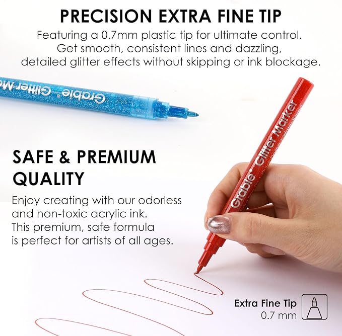 Grabie Glitter Acrylic Paint Markers, Pack of 24 Medium Tip Paint Pens