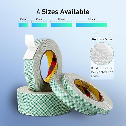3M Double Sided Tape, 2" x 18Ft Foam Tape, 4032, Off White