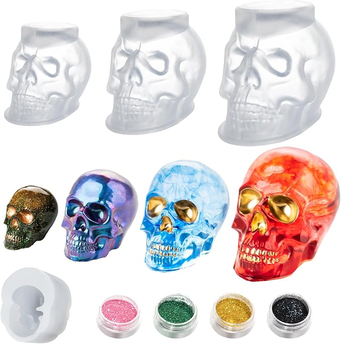 HeyClear 3D Skull Resin Molds Silicone, 4 PCS Epoxy Resin Molds for Crafts | for Halloween Decorations, Gothic Home Decor, Soap, Candle Casting