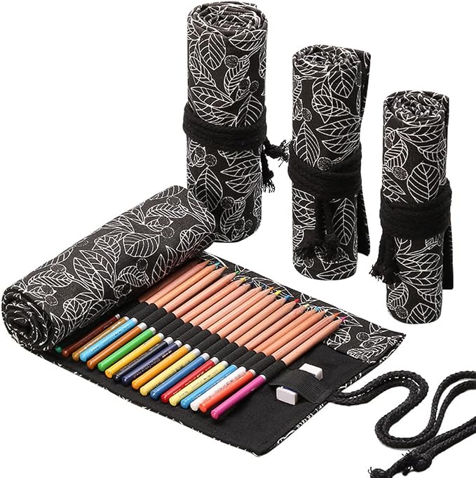 DIYOMR 24/36/72 Slots Pencil Wrap Pencil Rolls, Artist Colored Pencils Roll Up Bag Short Brushes Pouch Case Pencils Organizer for Drawing Coloring and Sketching,No Pencils (Black Leaves, 24slots)