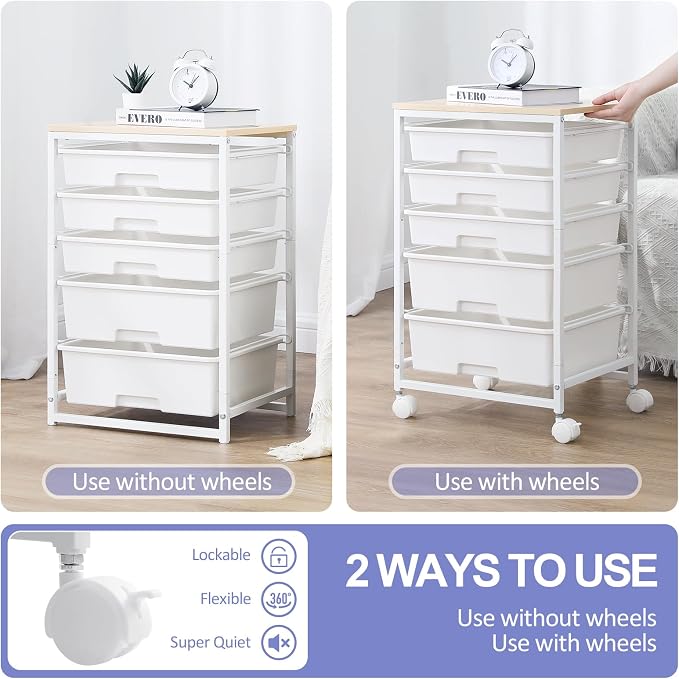 SYKIARIOL Rolling Cart with Drawers, 5 Drawers Utility Cart, Bright White | 5-Tiers Storage Cart with Drawers with Wooden Top for Craft Organizers and Storage,Home Office,Classroom,Dorm
