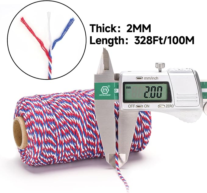 jijAcraft Red White and Blue String, 2MM Cotton Twine, 328Ft Bakers Twine, Wrapping String, Decoration Cotton Strings for 4th of July, Memorial Day, Veteran's Day