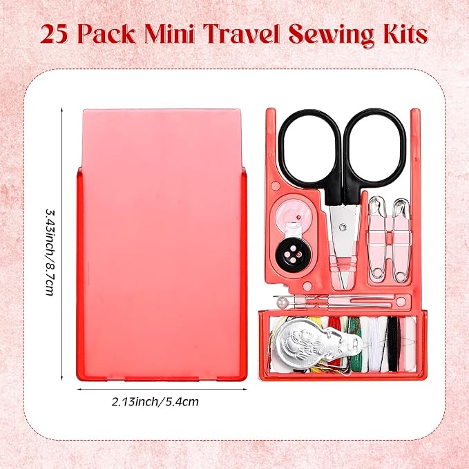 Knitgrip 25 Boxes Mini Travel Sewing Kit Quick Fix Sewing Kits Bulk, Red