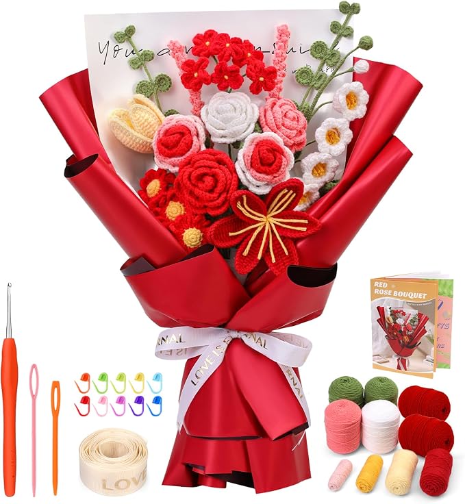 Iuuidu Crochet Kit for Beginners, Flower Bouquet Crochet Kit Rose Red