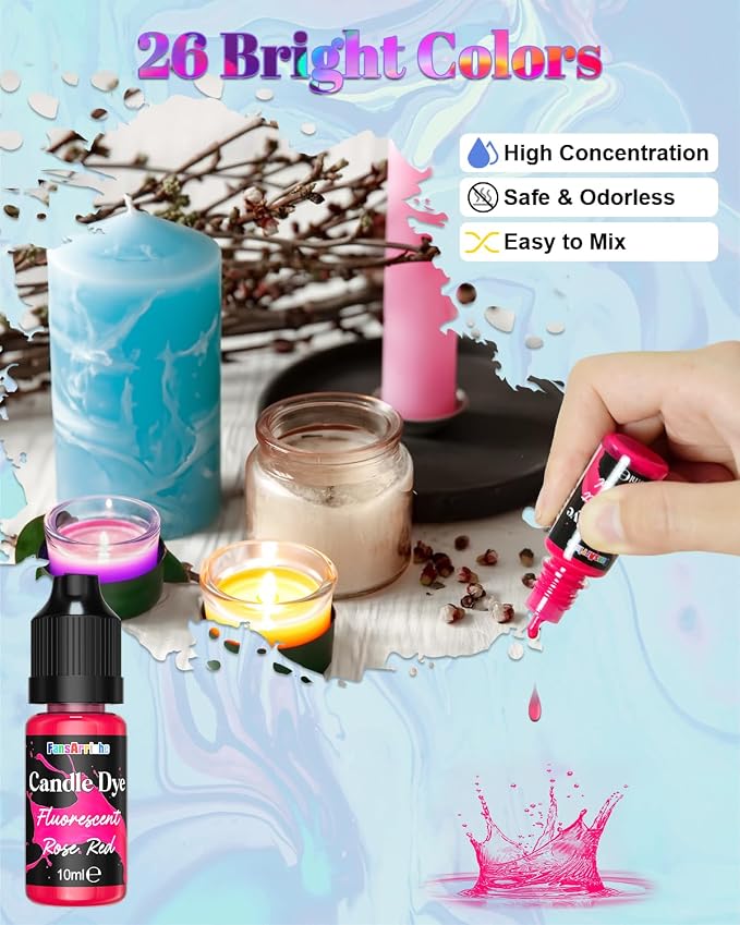 FansArriche Candle Dye - 26 Colors Liquid Oil-Based Dye for Candle Wax | Highly Concentrated, Natural Candle Color for DIY Candle Making