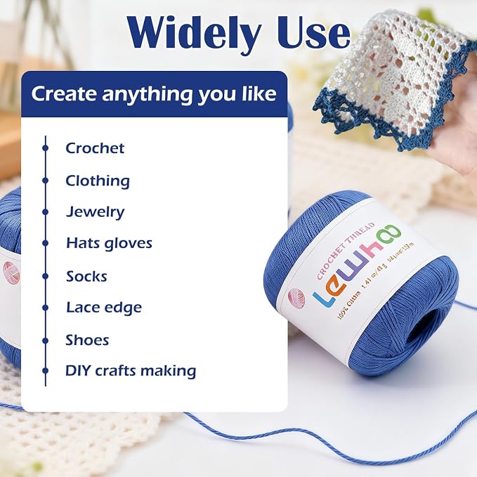 Crochet Thread, 3 Pack Size 3 Cotton Crochet Yarn Ball Set Blue