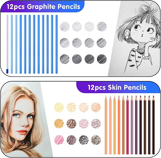 Professional Drawing Set,12 Colored Pencils,12 Graphite Pencils,Eraser,Case | Portable Travel Colored Pencil Case,Sketching Shading Blending Art Supplies,Gifts for Artists Adults Beginners.Skin Black