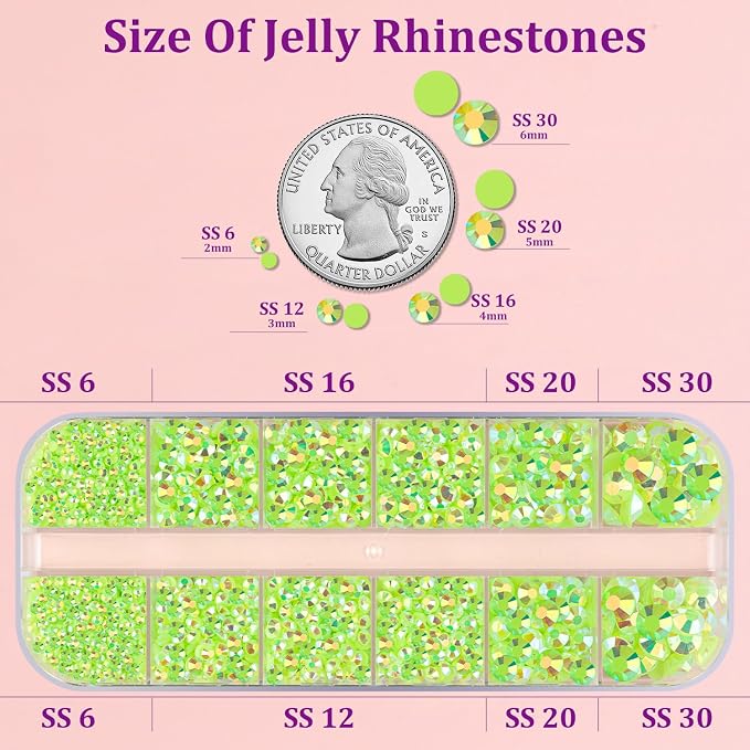 Resin Jelly Rhinestones for Crafting with B7000 Jewelry Glue, 1 Box Fluorescent Green AB Flatback Crystal with 3Pcs 10ml Glue, Bedazzling Non Hotfix Gems for DIY Tumblers Clothing Shoes Manicure
