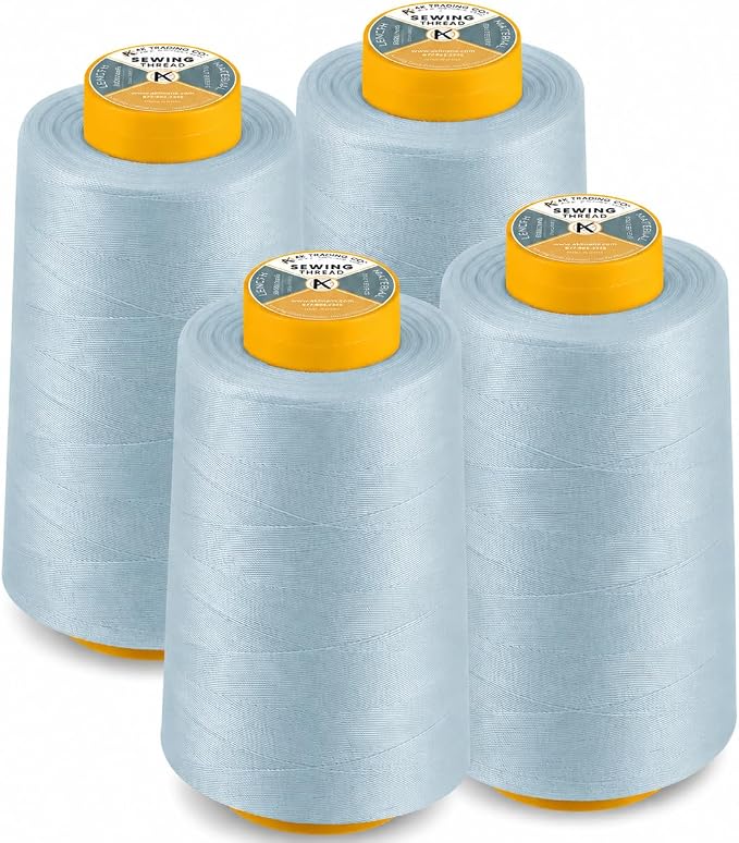 AK Trading 4-Pack Light Blue All Purpose Sewing Thread Cones (6000 Yards Each) of High Tensile Polyester Thread Spools for Sewing, Quilting, Serger Machines, Overlock, Merrow & Hand Embroidery