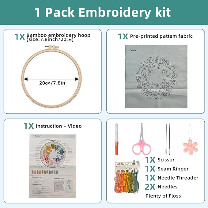 Herdiese Embroidery Kit for Beginners & Adults with Flower Pattern | Stamped Cross Stitch Kit Including Fabric, Hoop, Threads, Needles & Instructions, Complete DIY Hand Sewing Craft Set
