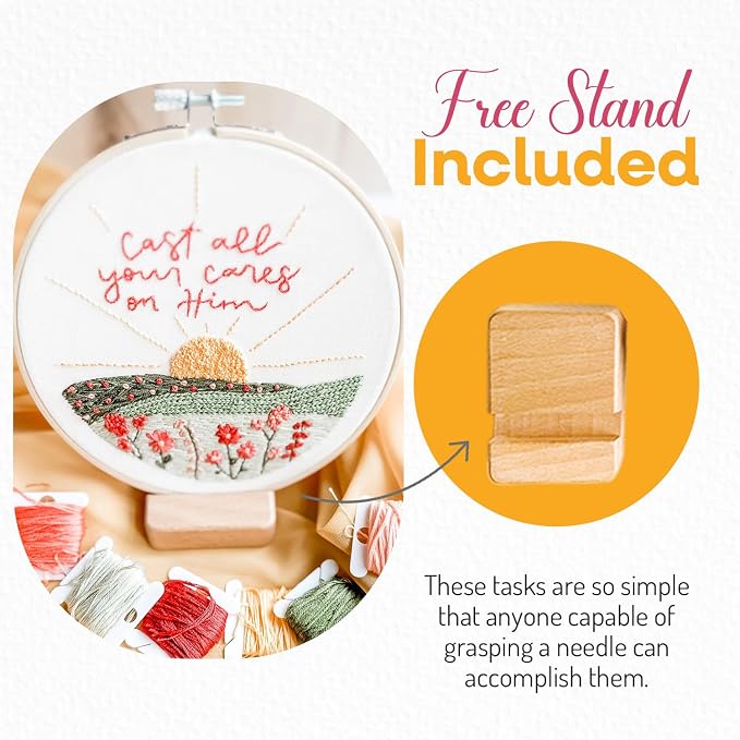 Elly & Grace Christian Embroidery Kit with Embroidery Hoop, Easy Embroidery Kit for Beginners and Adults, Full Embroidery Hoop Kit with Needles and Thread Included (Cast All Your Cares)