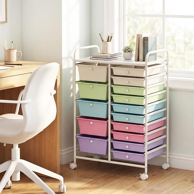 LDAILY 15 Drawer Rolling Storage Cart, Rolling Cart with Drawers for Classroom, Art Supply Craft Organizer on Wheel with Metal Frame & Handles for Home Office School (Ice cream color, 15 Drawer)