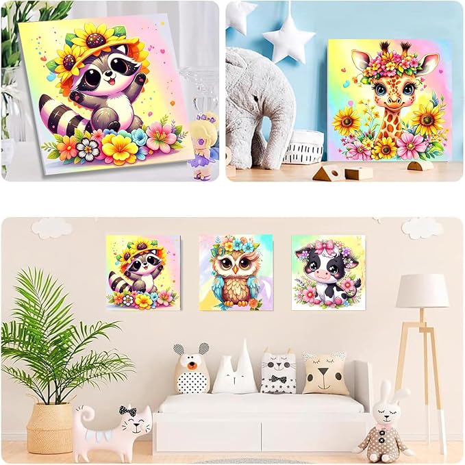 MXCFZX 6-Piece Framed Digital Painting Set for Children, Animal Painting Set Suitable for Children Aged 4-8-12. Easy Owl Elephant Cows Acrylic Oil Painting Set for Home Wall Decoration 8 x 8 inch