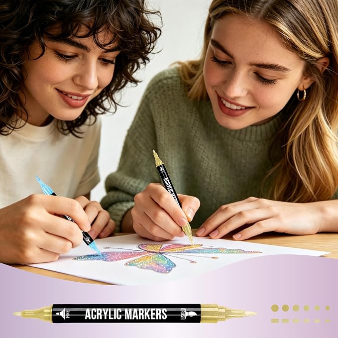Pagather Metallic Acrylic Paint Markers, 24 Colors Dual Tip Pens Set | For Rocks, Fabric, Wood, Glass & More, Perfect for DIY Crafts and Creative Art Projects with Bright, Smooth and Quick-Dry Ink