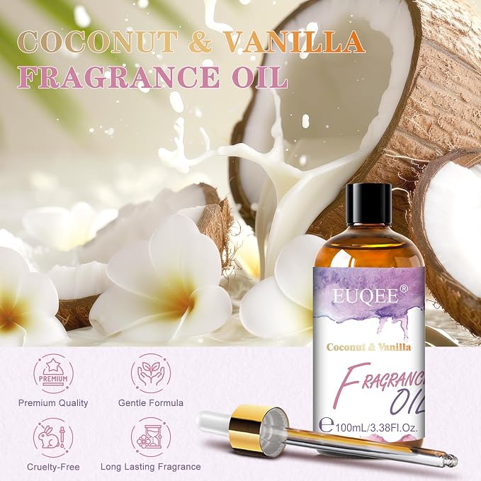 EUQEE 100ML/3.38 Fl Oz Coconut & Vanilla Fragrance Oil with Glass Dropper