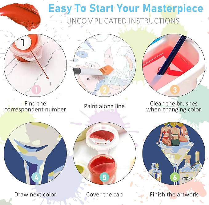 Offito 6 Pack Paint by Numbers Kit for Adults, Funny Cocktail, 8x12 Inch | Acrylic Drink Number Painting Set, DIY Canvas Art Craft Kit for Beginners, Home Wall Decor, Stress Relief Relaxing Hobby Gift