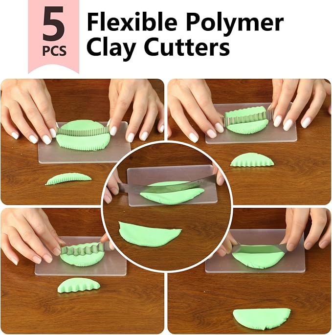 Polymer Clay Cutter Tools, Acrylic Roller Pin, 5 Pieces Flexible Clay Cutters, Ceramic Cutters Slicer Kit Clear Rectangle Sheet Press Board Wire Texture Set Needle Detail Modelling Supplies