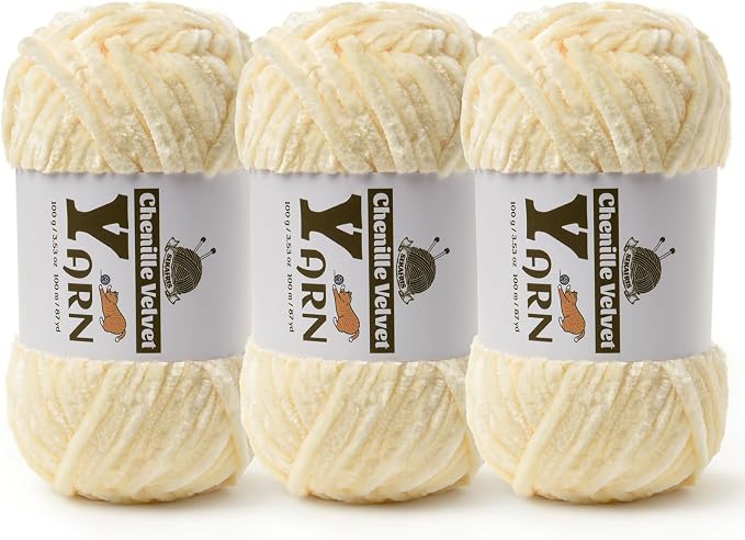 Chenille Crochet Milky White Yarn 3 Pack