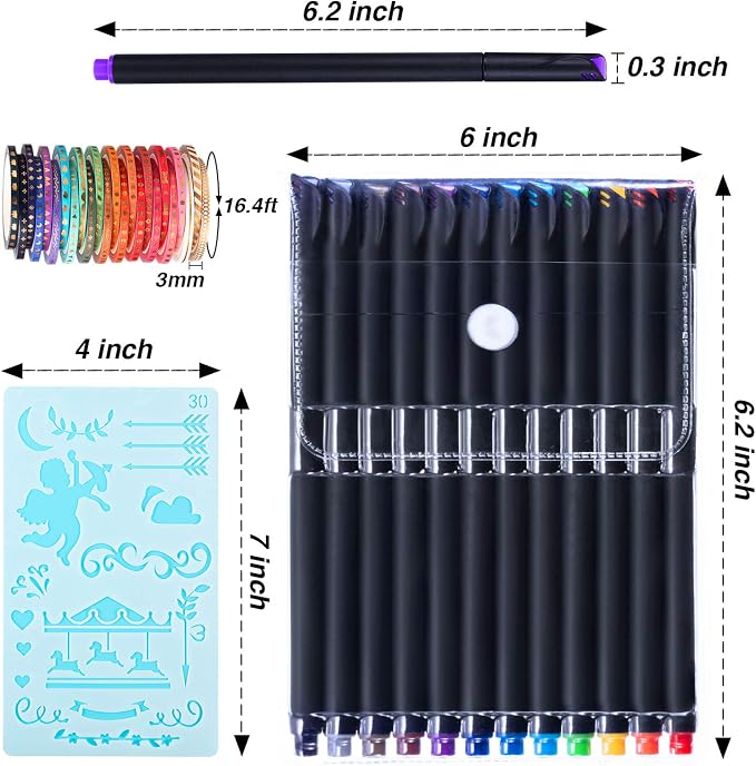 Honoson 48 Pack Scrapbooking Supplies Kit Scrapbook Tools and Supplies Journal Stencil Washi Tape and Journal Planner Pen for Notebook Diary DIY Plastic Drawing Template