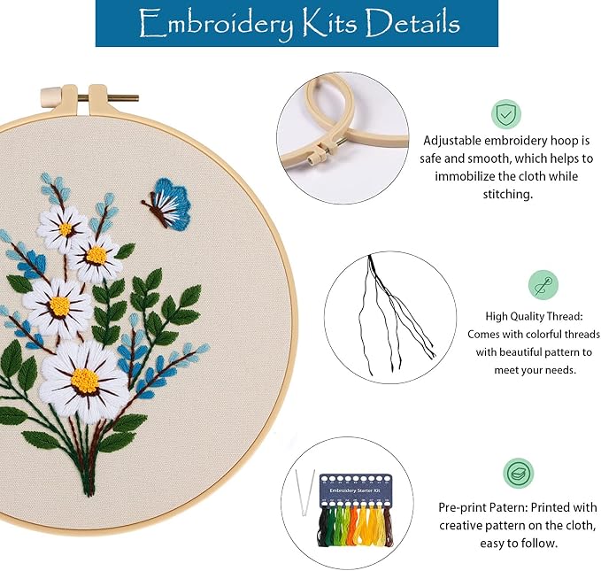 Embroidery Kit for Beginners,Cross Stitch Kits for Adults DIY Craft 3pcs Embroidery Pattern Needlework Fabric Embroidery Thread and Needles 1pcs Embroidery Hoop Adult Stitch Stuff Sewing Kit Gift