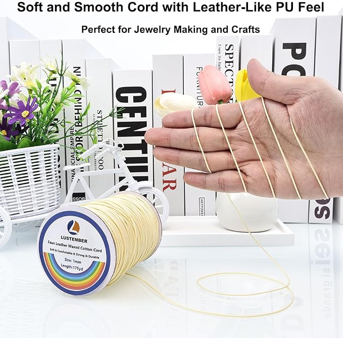 LUSTEMBER 1mm Faux Leather Waxed Cotton Cord, 175 Yards – Durable Necklace String, Soft and Textured Cord for Necklaces, Bracelets, and Jewelry Making