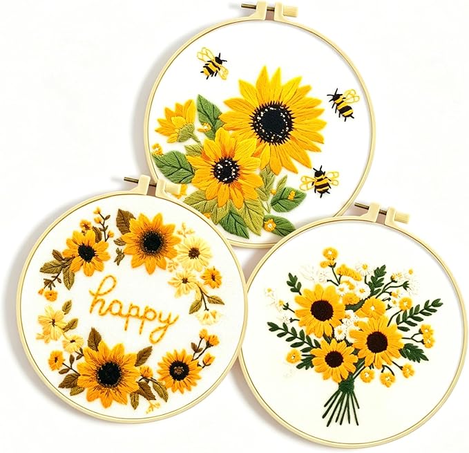 Zhenqing Sunflower Embroidery Kit 3 Designs | 11.4"x11.4" Beginner-Friendly Hand Embroidery Set with Hoop & DMC Threads | DIY Home Wall Decor, Mindful Gift for Mothers Day C0005